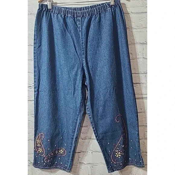 Double D Ranch Yoakum Denim Capri Jeans Women's Large Blue Embroidered Pull On - Picture 1 of 6